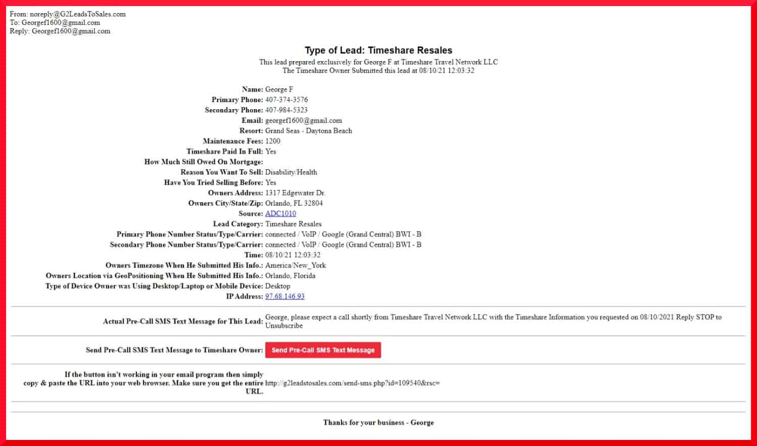 screenshot of real-time opt-in timeshare resales lead email